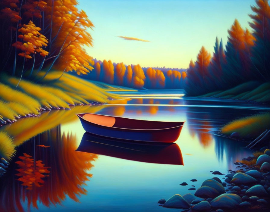 Tranquil lake scene with autumn trees, sunset sky, and boat