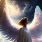 Surreal illustration: Woman with luminous wings in cosmic setting