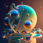 3D digital artwork: Serene spheres with gel-like texture in golden grass world on blue backdrop