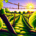 Sunlit Vineyard with Grapevines, Posts, Shadows, and Blue Flowers