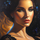 Portrait of woman with wavy hair, blue flowers, and elegant makeup in warm lighting