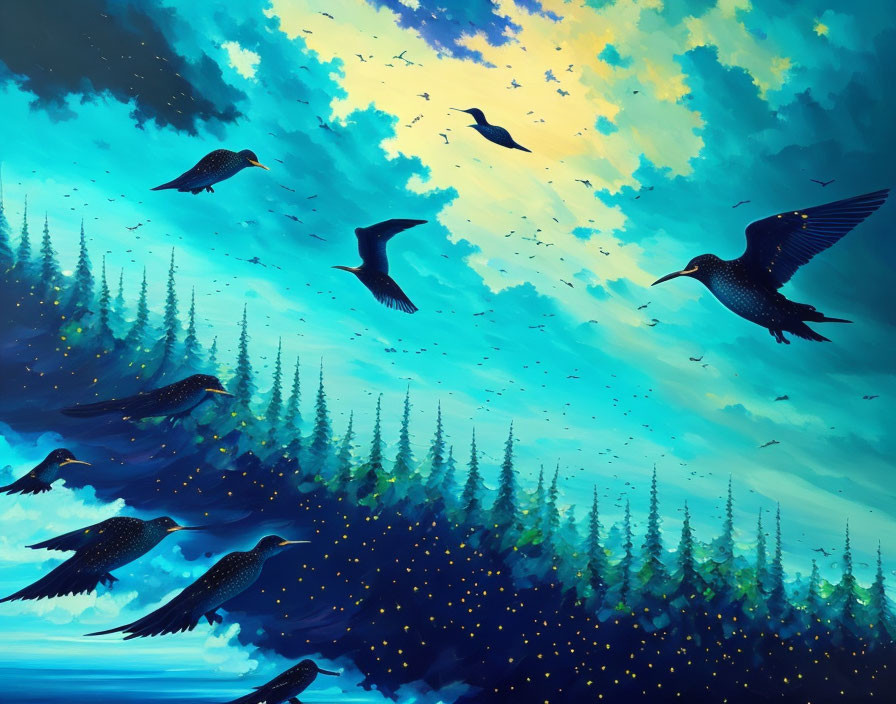 Vibrant blue sky with migrating birds over dense forest in digital painting