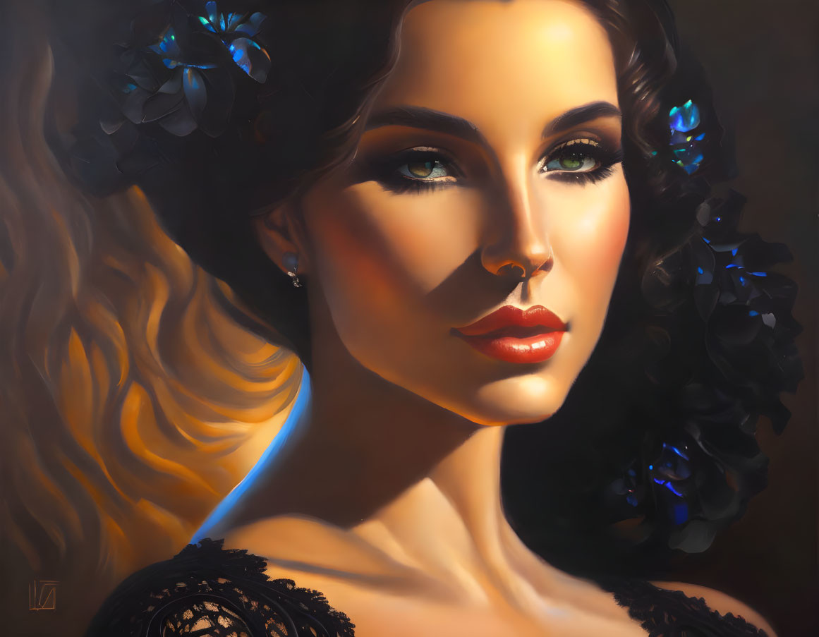 Portrait of woman with wavy hair, blue flowers, and elegant makeup in warm lighting