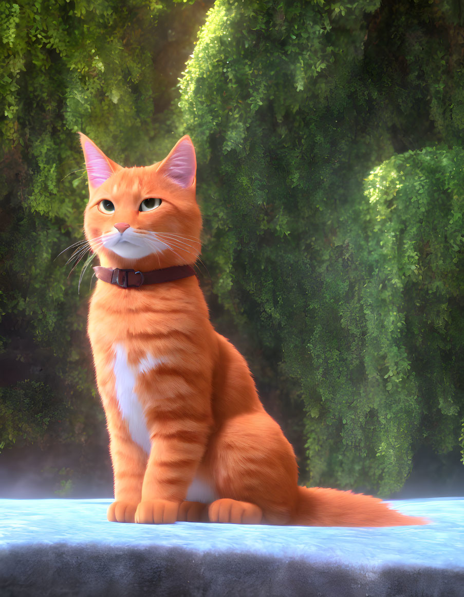 Orange Tabby Cat with Collar Sitting in Green Forest Setting