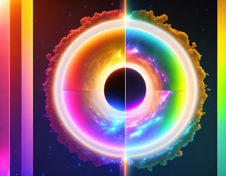 Vibrant depiction of black hole with colorful accretion disk.