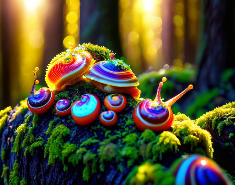 Vibrant spiral-shelled creatures on mossy log in forest sunlight