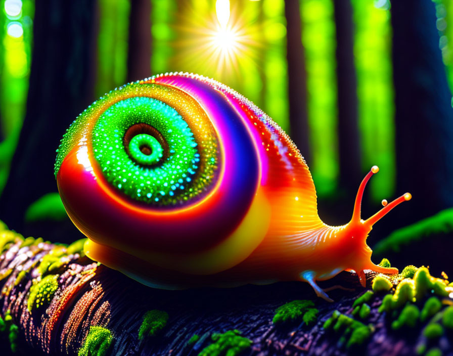 Vibrant digitally enhanced snail in colorful shell on mossy forest backdrop