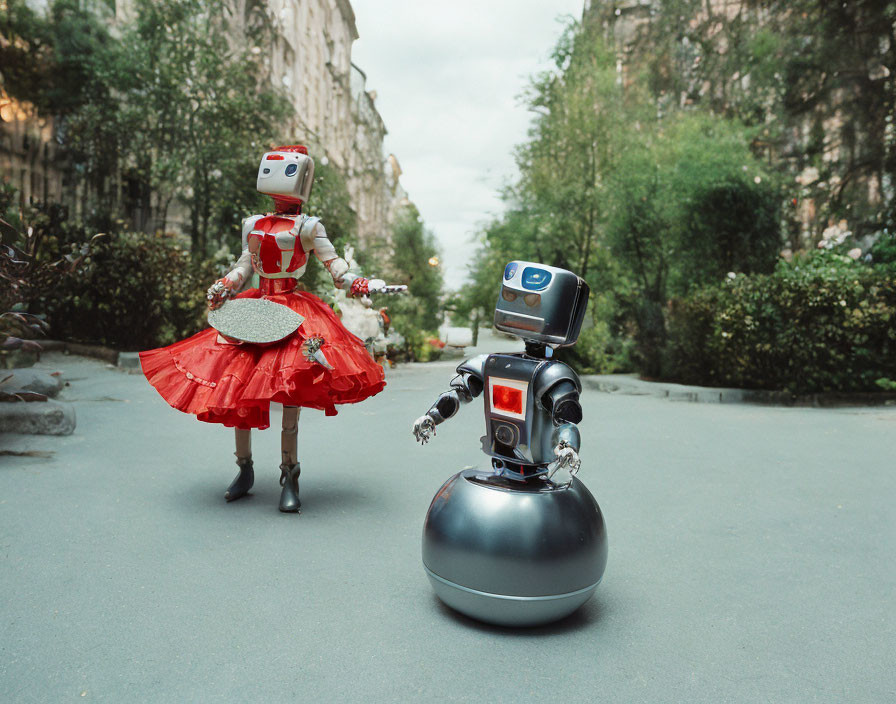 Red-dressed robot and screen-faced robot mimic human interaction in urban setting