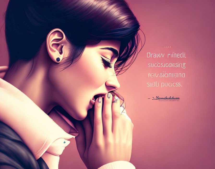 Stylized woman biting fingernails on pink background with quote.