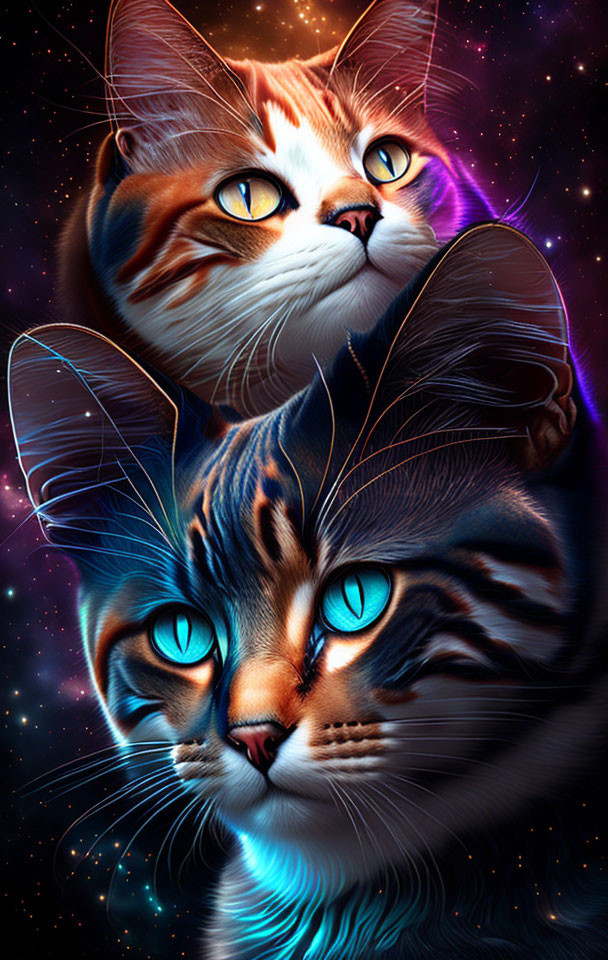 Vibrant Cat Art with Blue Eyes on Cosmic Background