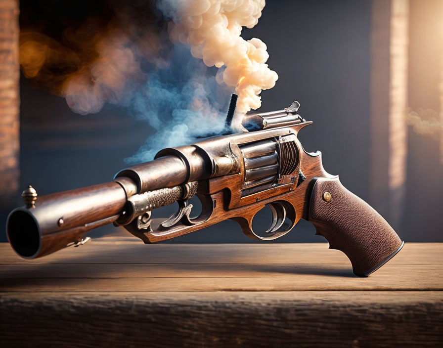 Vintage Revolver with Smoke on Blurred Wooden Background