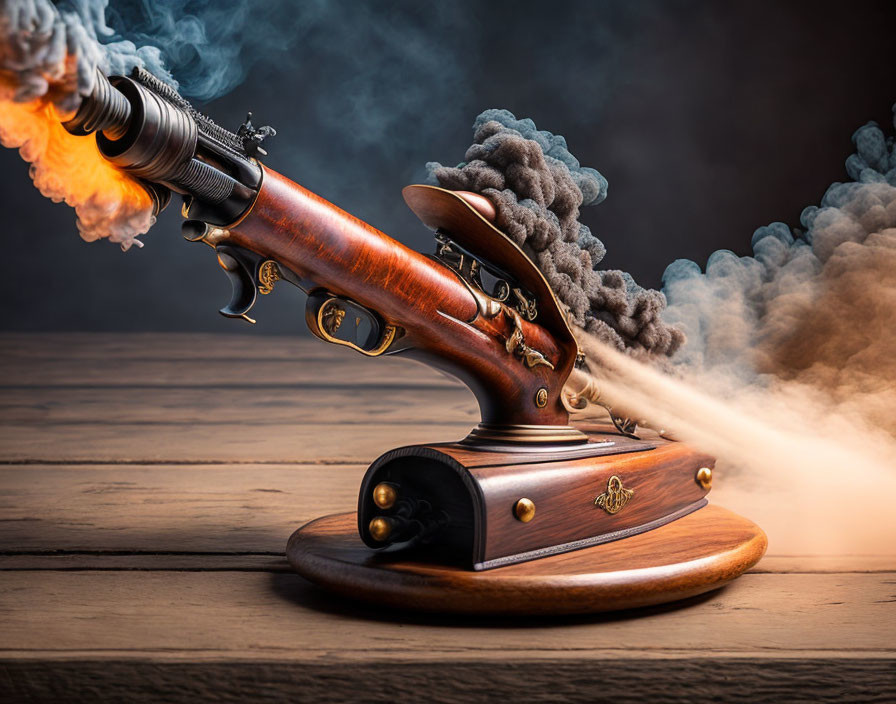 Vintage pistol with smoke against moody backdrop