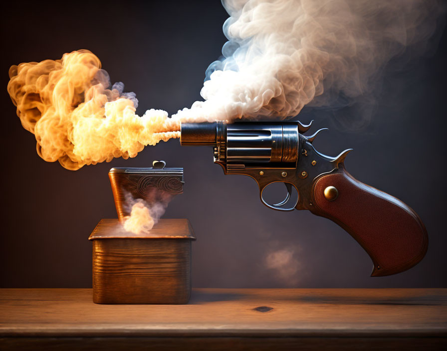 Flaming revolver on wooden box in dark setting