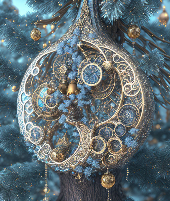 Steampunk-inspired crescent moon Christmas tree ornament with gears and clocks on blue-frosted branches