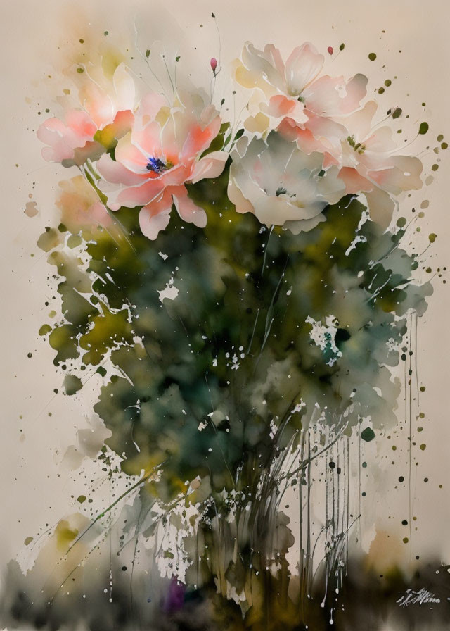 Delicate blooming flowers in abstract watercolor painting