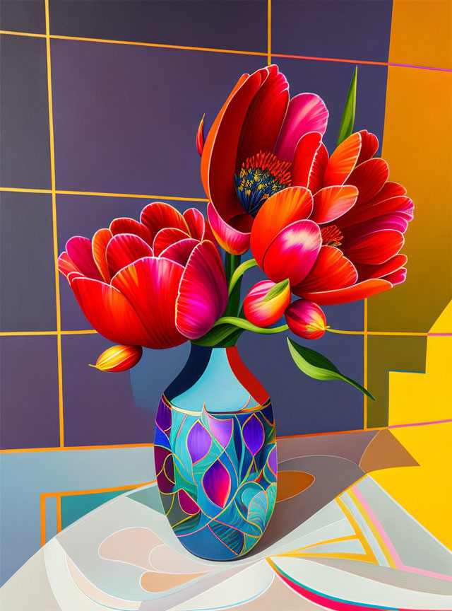 Colorful tulips in blue vase on geometric background