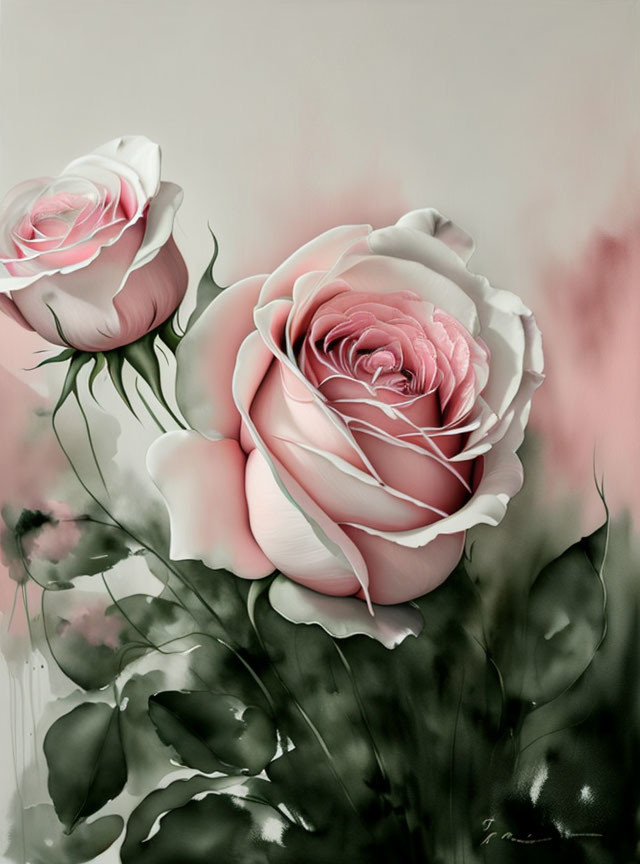 Detailed Artistic Rendering of Large Pink Roses on Soft Grey Background