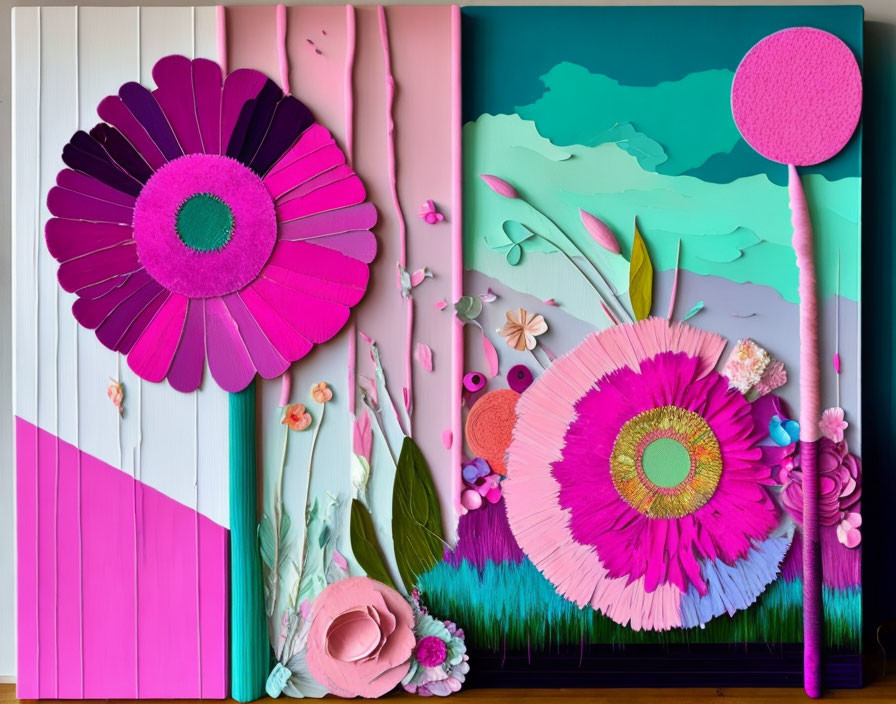 Colorful 3D paper art: Vibrant flowers, leaves, abstract shapes