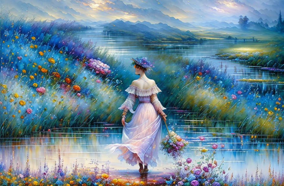 Woman in white dress walking in vibrant flower landscape with lake and mountains at dusk