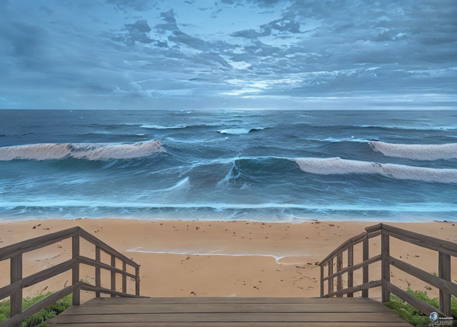 Wooden Boardwalk Overlooking Twilight Beach Scene