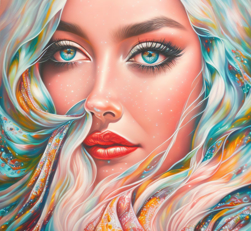 Hyper-realistic portrait of a woman with piercing blue eyes and multicolored hair swirls