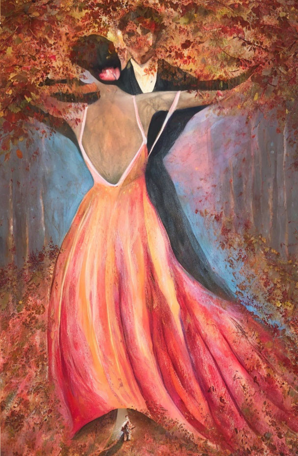 Colorful painting of couple dancing in autumn scene with tiny figure underneath