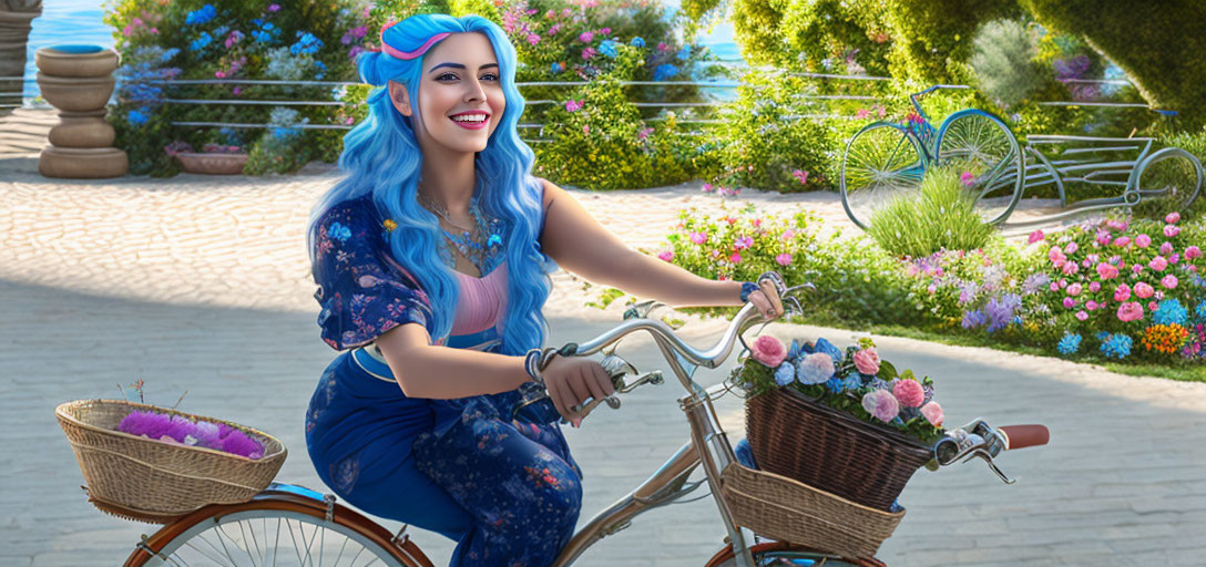 Blue-haired woman cycling in sunny flower garden with matching outfit