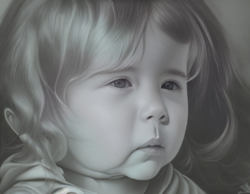 Young child portrait with wavy hair and pensive eyes in monochrome.