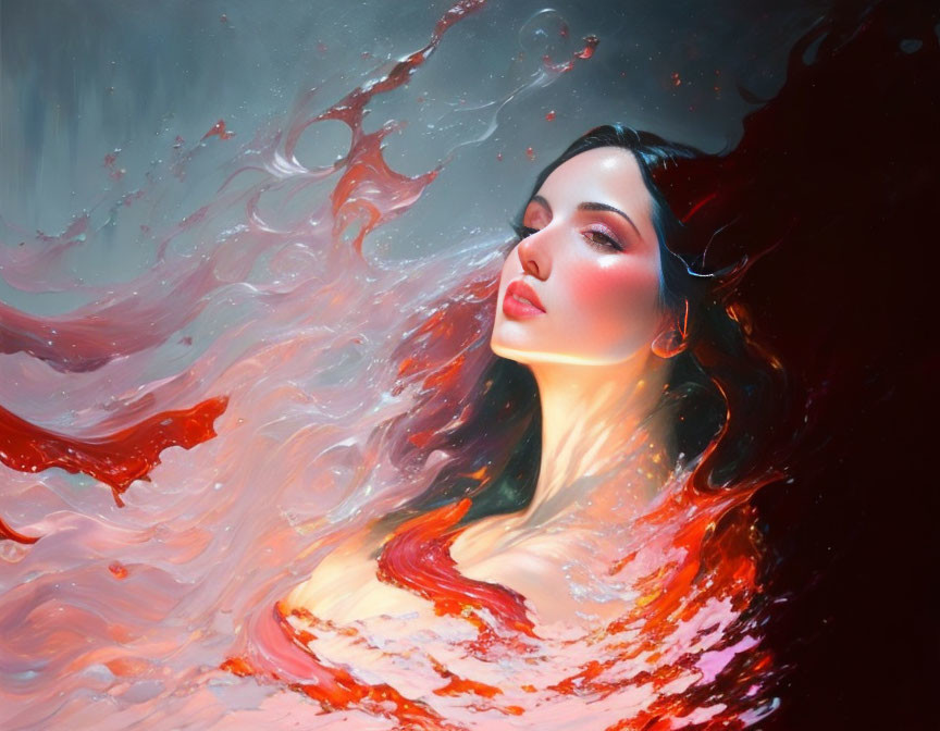 Surreal portrait of woman with dark hair blending into red and white swirls