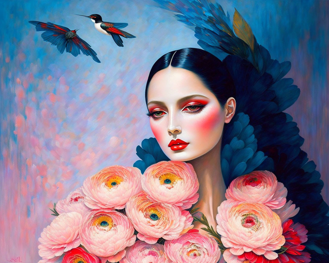 Vibrant makeup woman with peacock feather, pink flowers, and birds