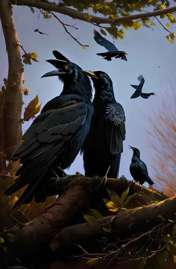 Ravens on tree branch with flying companions, autumn leaves, dusky sky