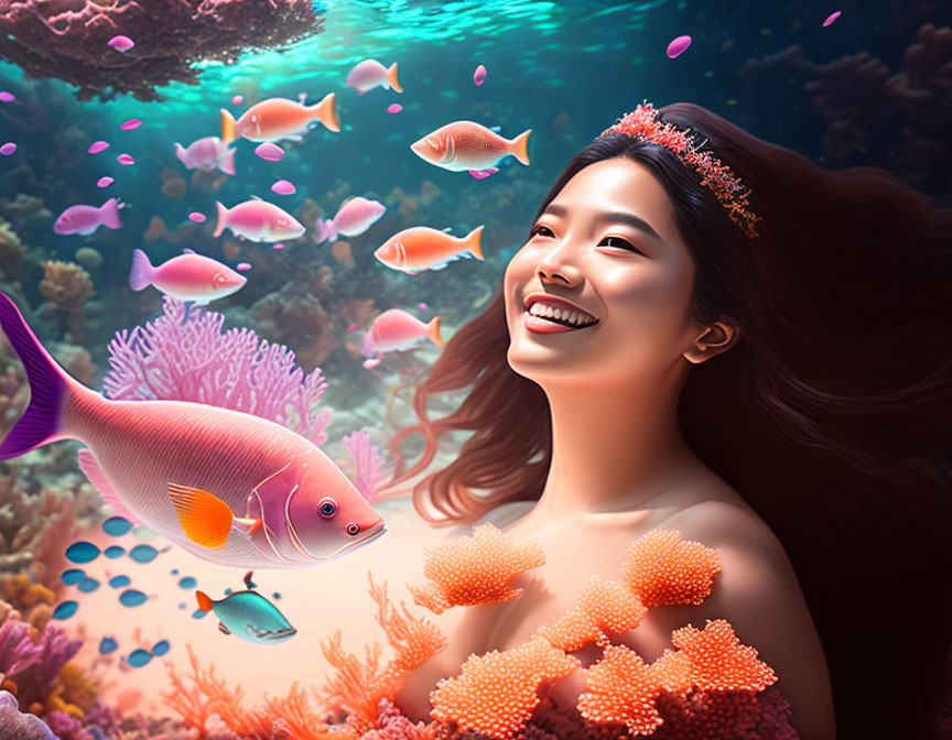 Smiling woman with floral crown among colorful underwater scenery