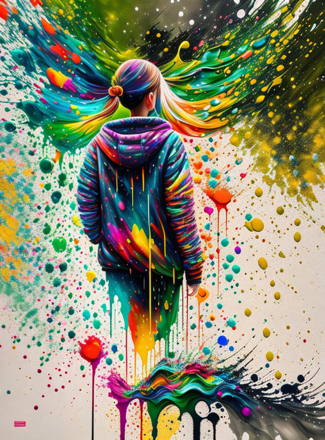 Colorful Hoodie Figure Surrounded by Rainbow Paint Splatter