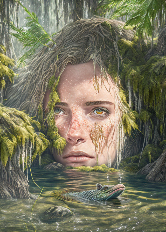 Portrait of a person with greenery hair underwater near a crocodile