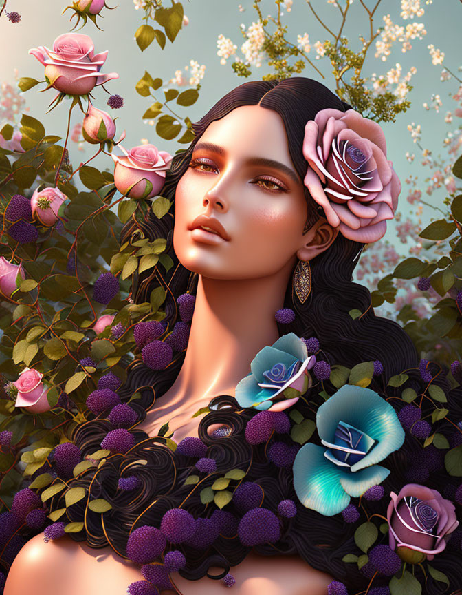 Digital artwork: Woman with long dark hair surrounded by colorful flowers