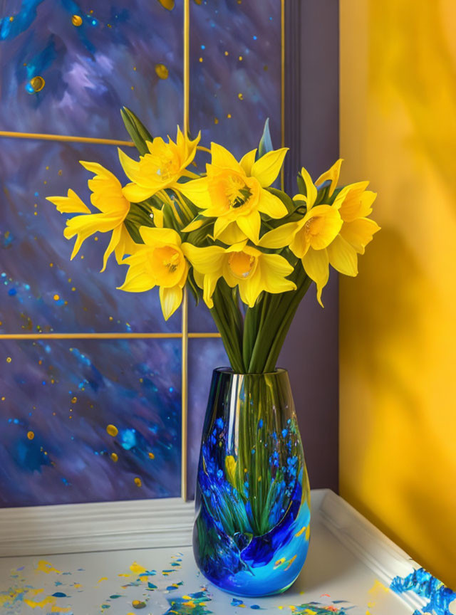 Vibrant yellow daffodils in blue vase against galaxy-themed backdrop