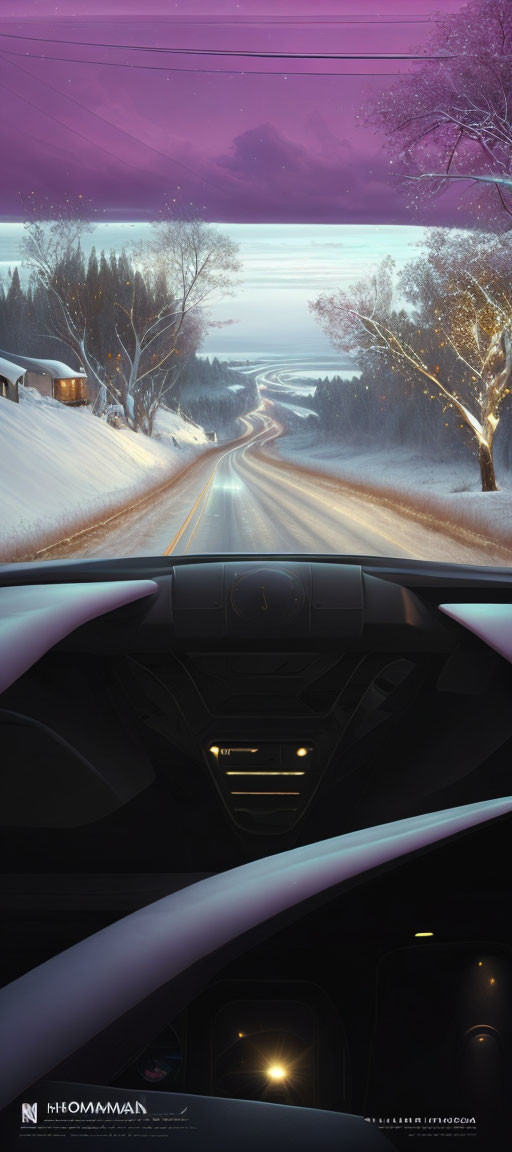 Futuristic vehicle driving on snow-lined road at dusk