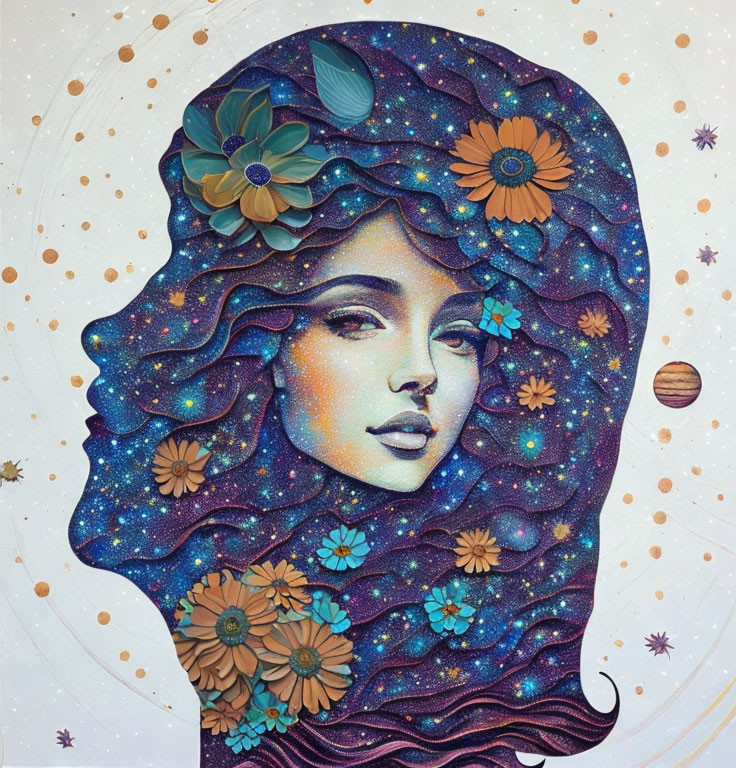 Vibrant woman's profile with floral hair in cosmic setting