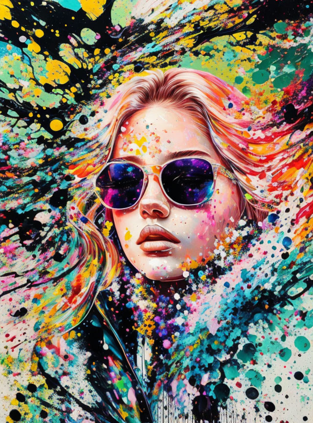 Vibrant Artistic Portrait of Woman in Sunglasses with Colorful Paint Splatters