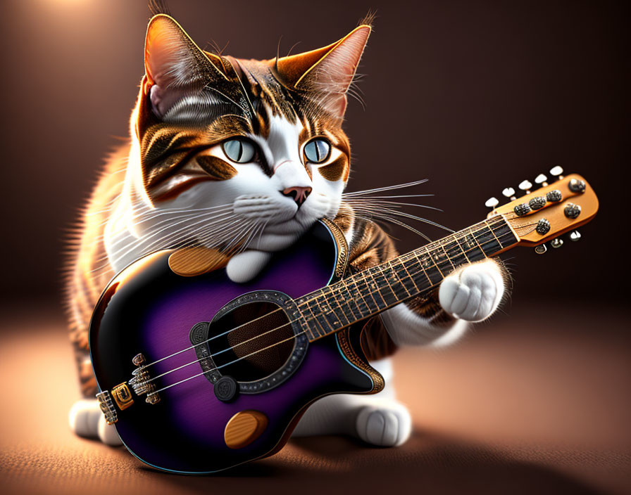 Anthropomorphic cat digital art: striped coat, purple guitar, dark brown backdrop