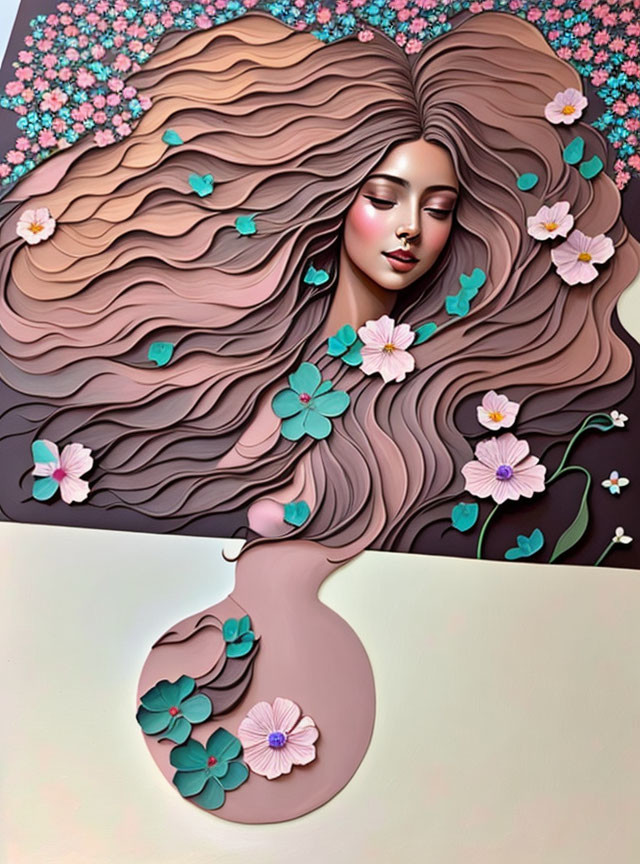 Woman with Flowing Hair and Floral Adornments in Serene Artwork