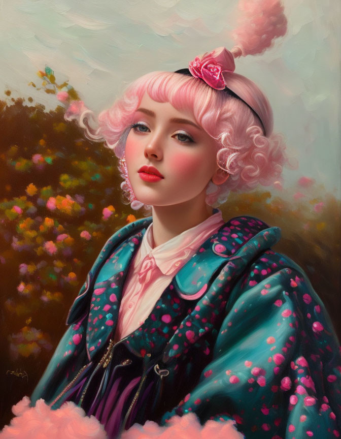 Portrait of woman with pink curly hair and rose, teal jacket with pink accents, soft expression, floral