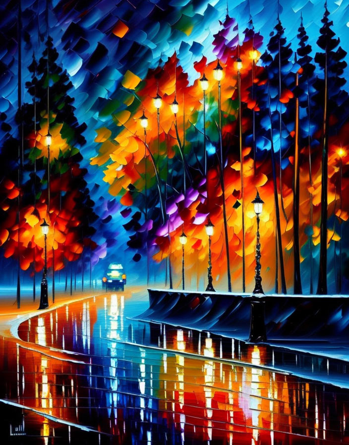 Impressionistic painting of vibrant rainy street scene