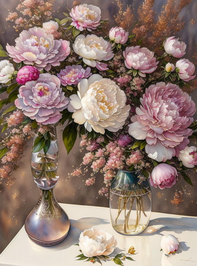 Pink and White Peonies in Silver Vase on White Surface