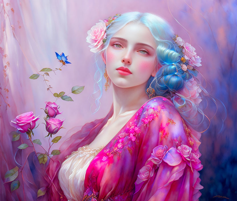 Woman with Pale Blue Hair and Floral Dress in Digital Illustration