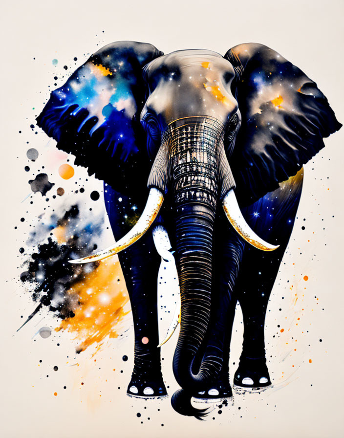 Colorful cosmic pattern elephant art on white background