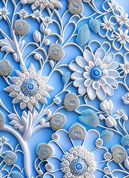 Blue and White Floral Bas-Relief Wallpaper Design