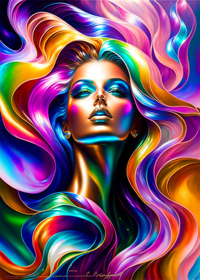 Colorful digital portrait of a woman with vibrant multicolored hair and vivid makeup