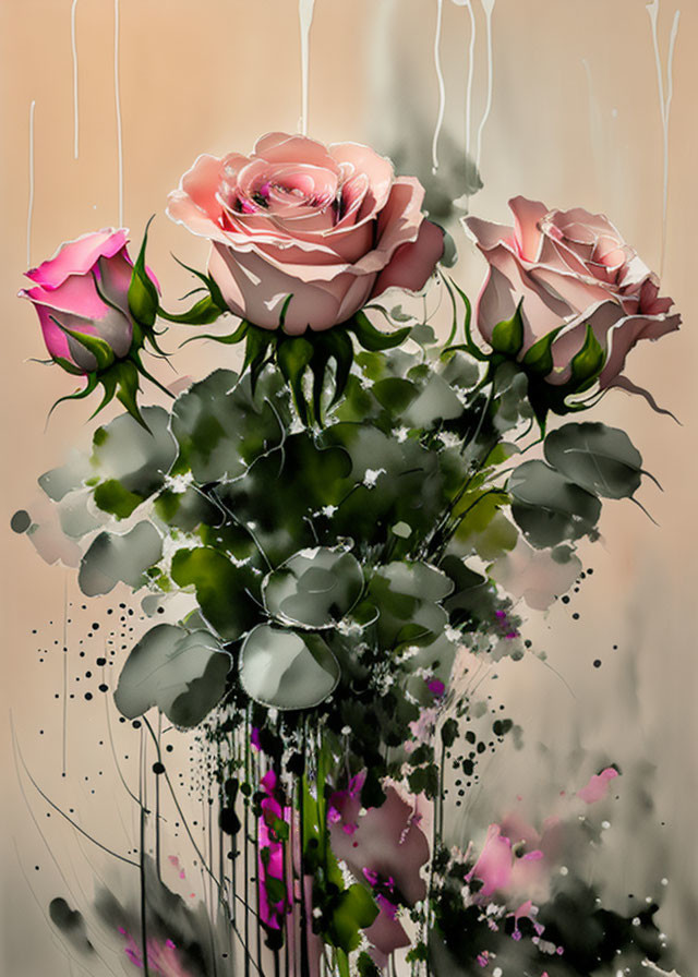 Stylized artwork of roses with central large bloom and lush leaves in soft pastels and bold spl