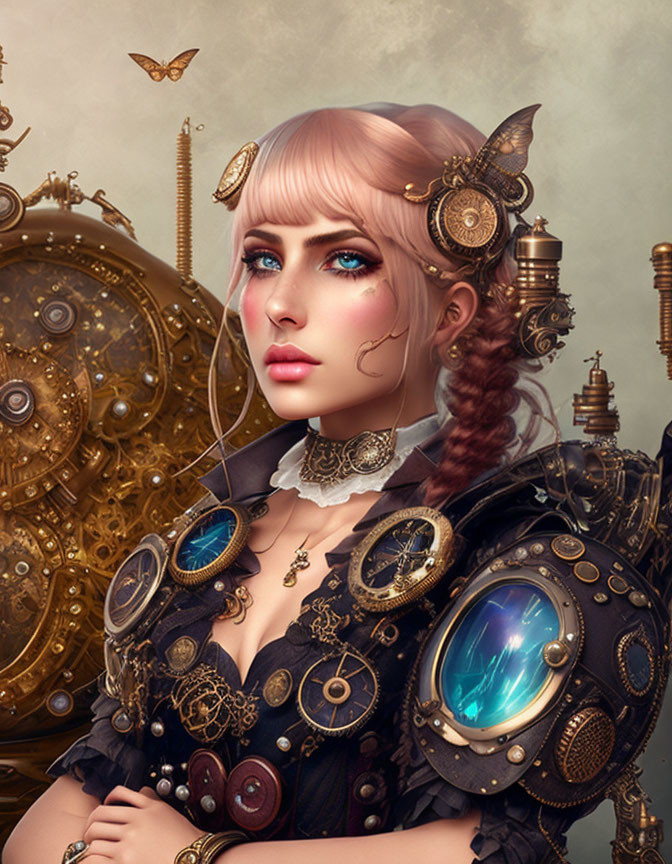 Steampunk-inspired woman with mechanical accessories, blue eyes, braided hair, gears, and butterflies